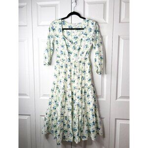 Sweet Baby Jamie Ivory Blue Floral Print Tiered Midi Dress Women's Size X-Small